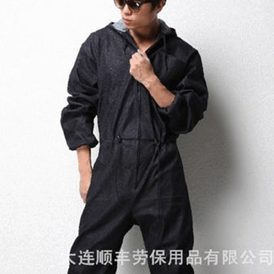 190546牛仔面料带帽服职业防尘耐磨连体工作服 套装 厂家直销